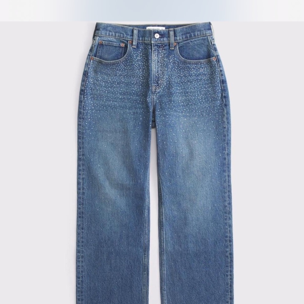 NWT Abercrombie & Fitch Rhinestone Embellished High Rise 90s Relaxed Blue Jeans